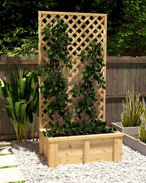 Hardwood and mesh trellis with planter boxes.